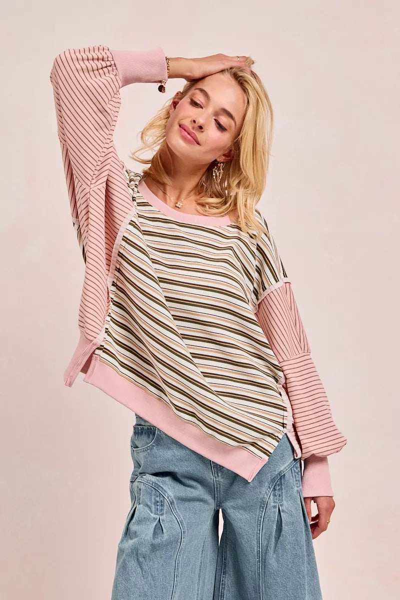 BiBi Stripe Mixed Top With Cut Edge And Reverse Outseam - Trendsi - Flyclothing LLC