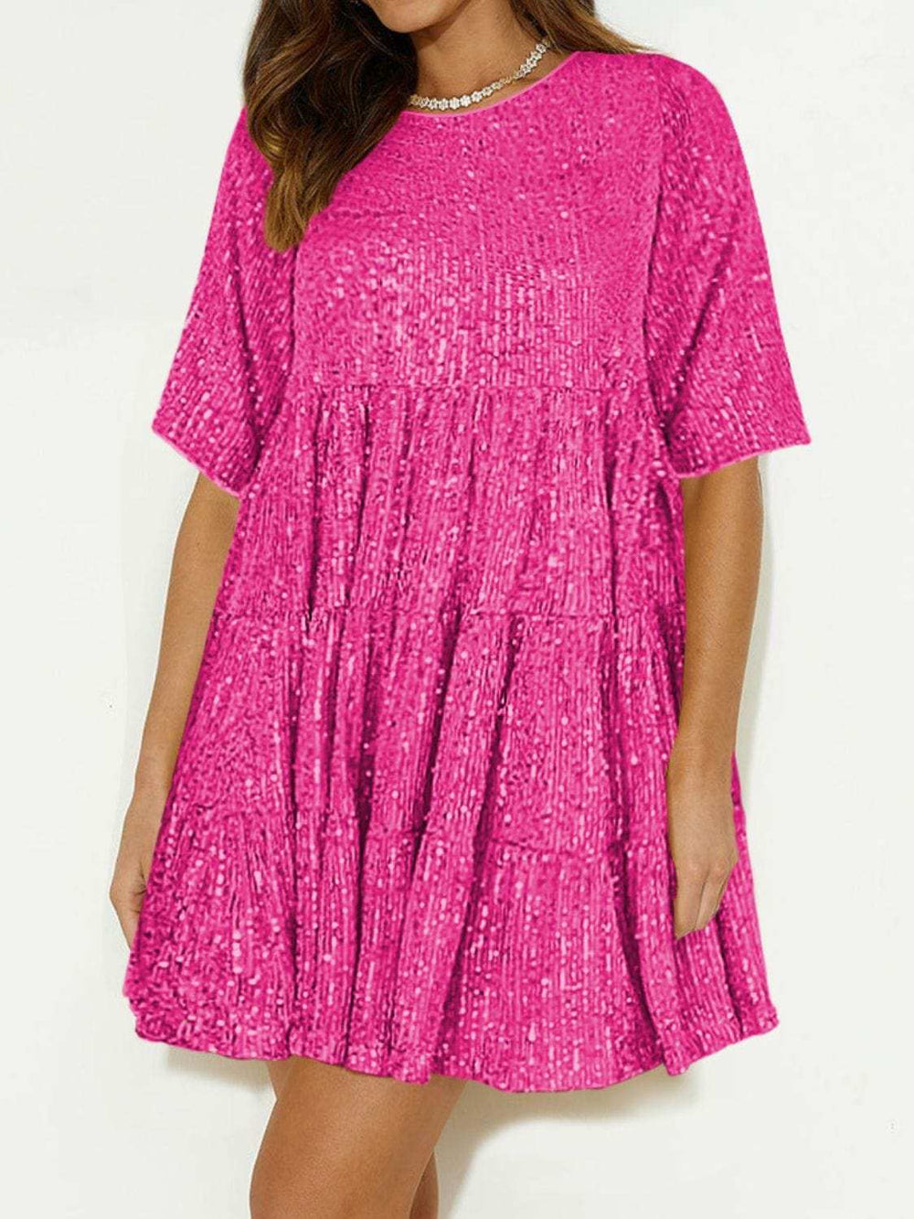 Sequin Round Neck Half Sleeve Mini Dress - Trendsi - Flyclothing LLC