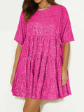 Sequin Round Neck Half Sleeve Mini Dress - Trendsi - Flyclothing LLC
