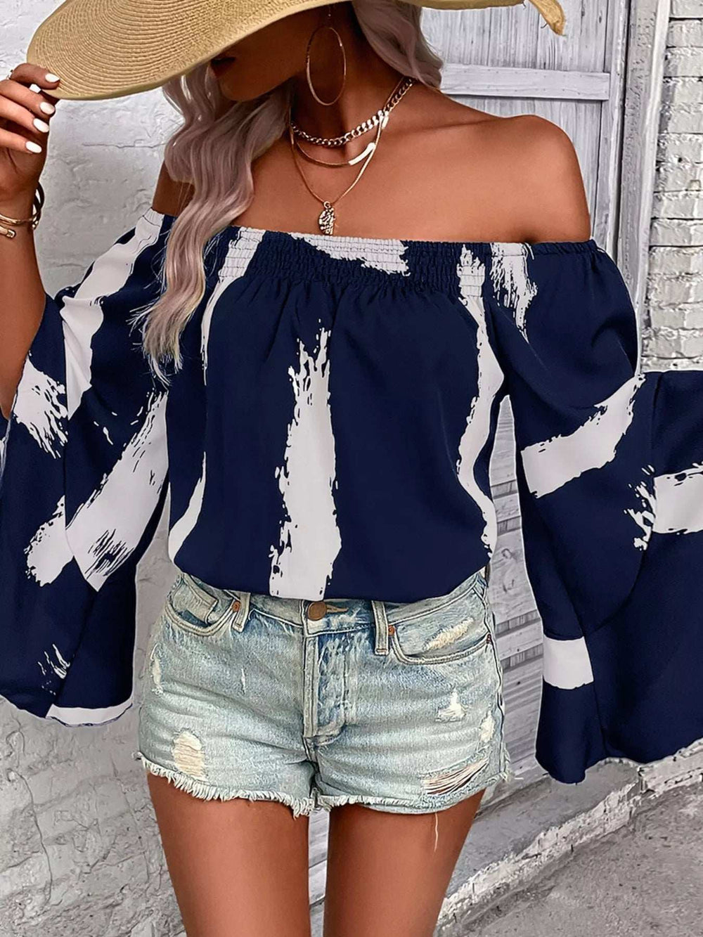 Off Shoulder Bell Sleeve Blouse - Trendsi - Flyclothing LLC