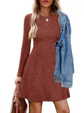 Ribbed Knit Long Sleeve A-Line Dress - Trendsi - Flyclothing LLC