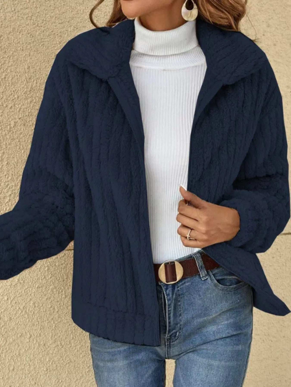 Full Size Zip-Up Long Sleeve Texture Jacket Plus Size - Trendsi - Flyclothing LLC