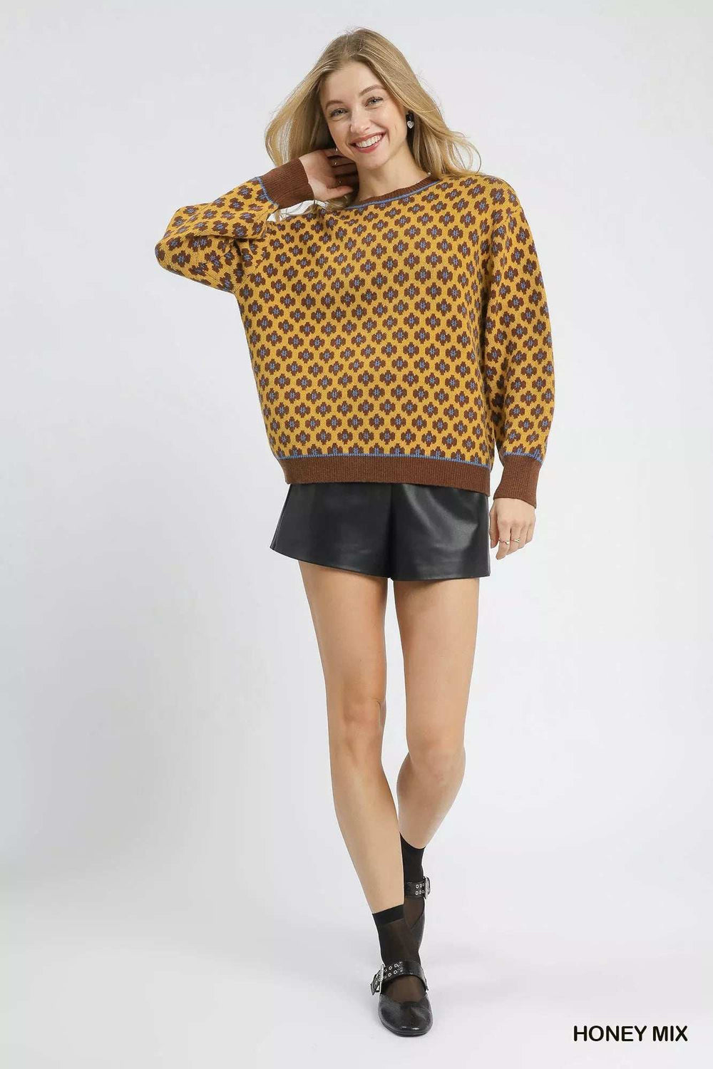 Umgee Abstract Print Crew Neck Sweater - Trendsi - Flyclothing LLC