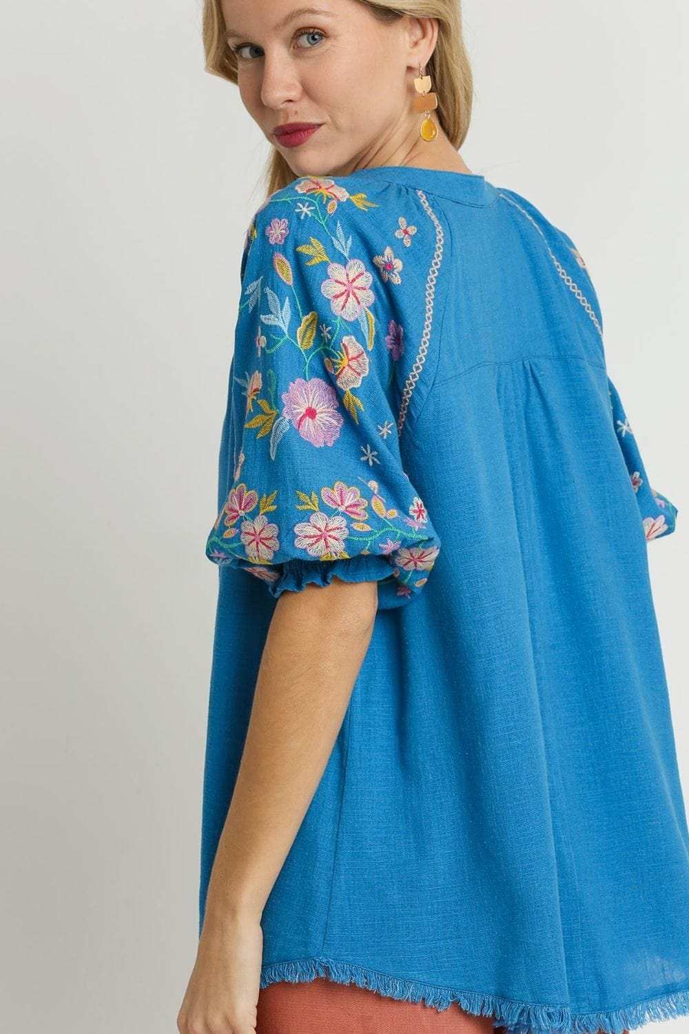 Umgee Full Size Half Button Top with Embroidery Sleeves Plus Size - Trendsi - Flyclothing LLC