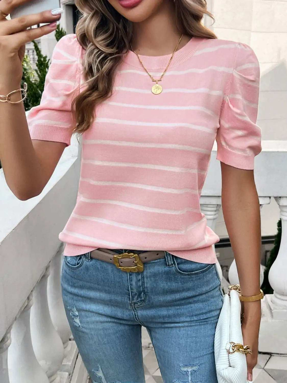 Striped Round Neck Puff Sleeve Knit Top - Trendsi - Flyclothing LLC