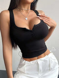 Quarter Button Square Neck Tank - Trendsi - Flyclothing LLC