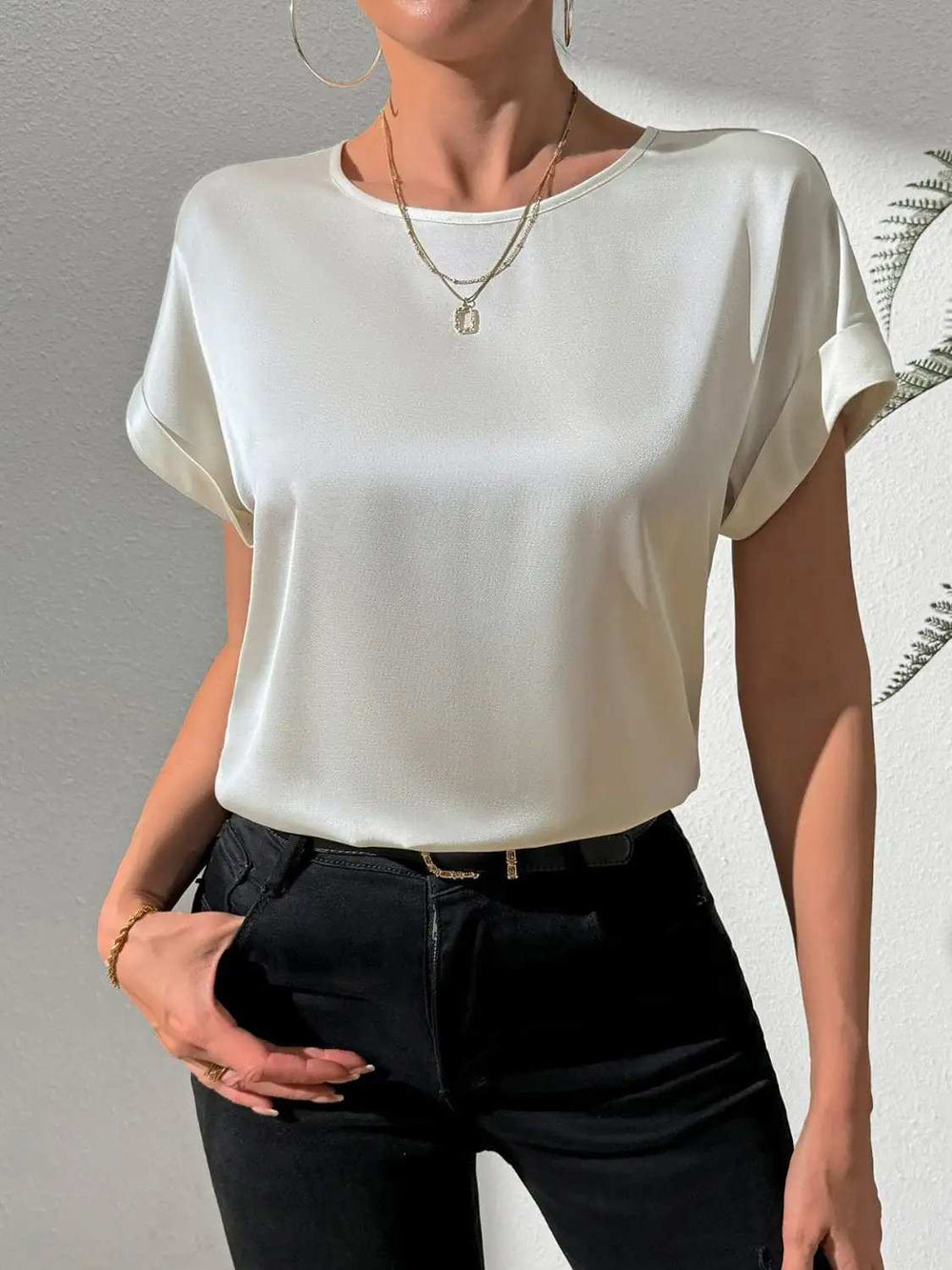 Round Neck Short Sleeve Blouse - Trendsi - Flyclothing LLC