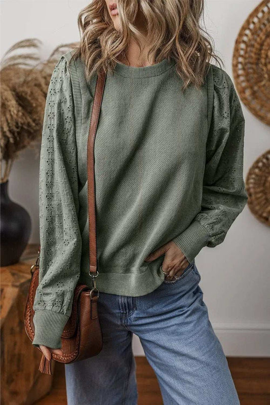 Eyelet Round Neck Long Sleeve Sweatshirt - Trendsi - Flyclothing LLC