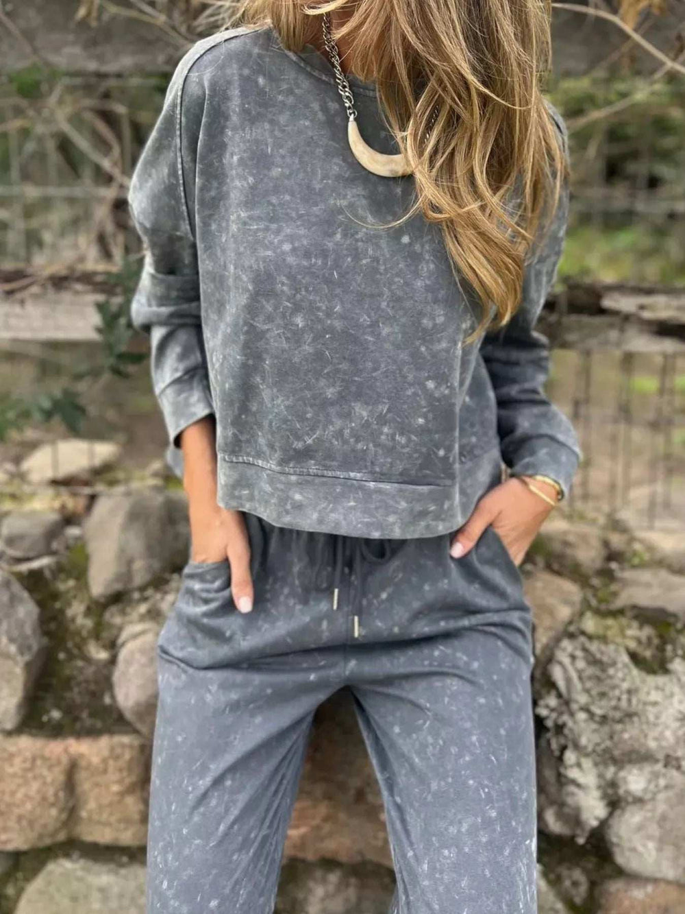 Full Size Washed Round Neck Top and Drawstring Pants Set Plus Size - Trendsi - Flyclothing LLC