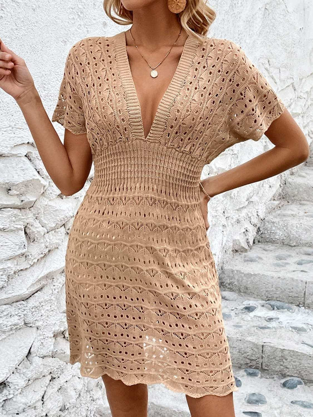 Openwork Plunge Short Sleeve Cover-Up Dress - Trendsi - Flyclothing LLC
