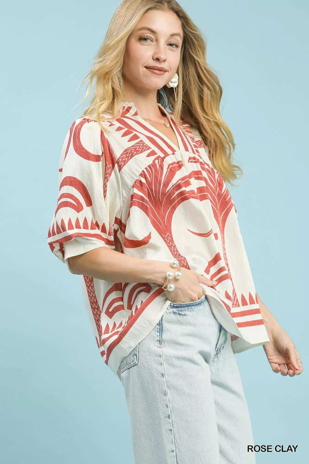 Umgee Folk Art Palm Print Puff Sleeve Blouse - Trendsi - Flyclothing LLC