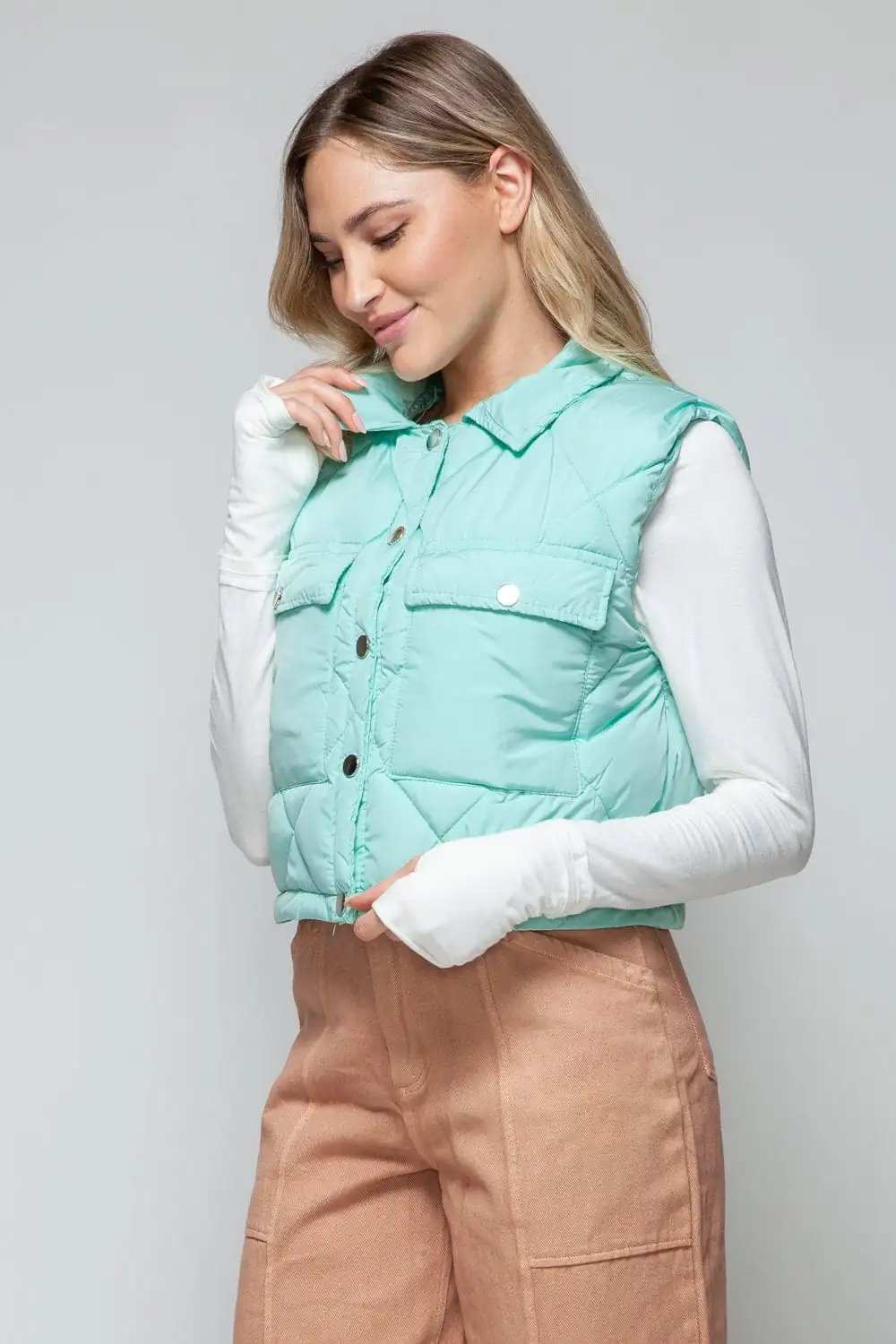 Snobbish Snap Down Quilted Crop Vest - Trendsi - Flyclothing LLC