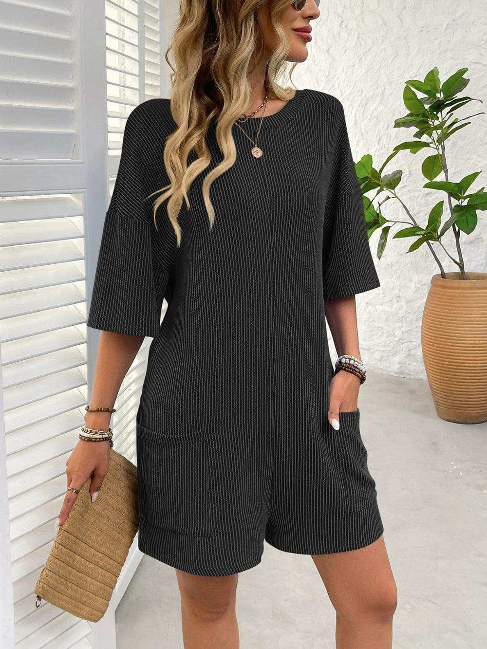 Backless Textured Round Neck Half Sleeve Romper - Trendsi - Flyclothing LLC