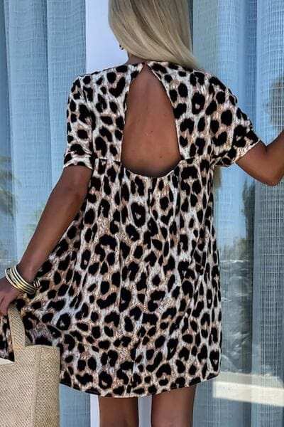 Cutout Back Leopard V-Neck Short Sleeve Mini Dress - Trendsi - Flyclothing LLC