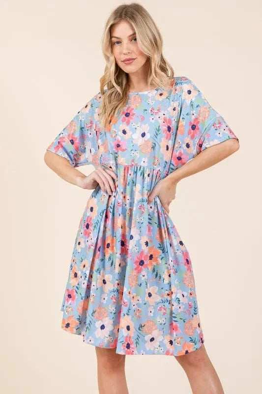 BOMBOM Floral Shirred Dress with Pockets - Trendsi - Flyclothing LLC