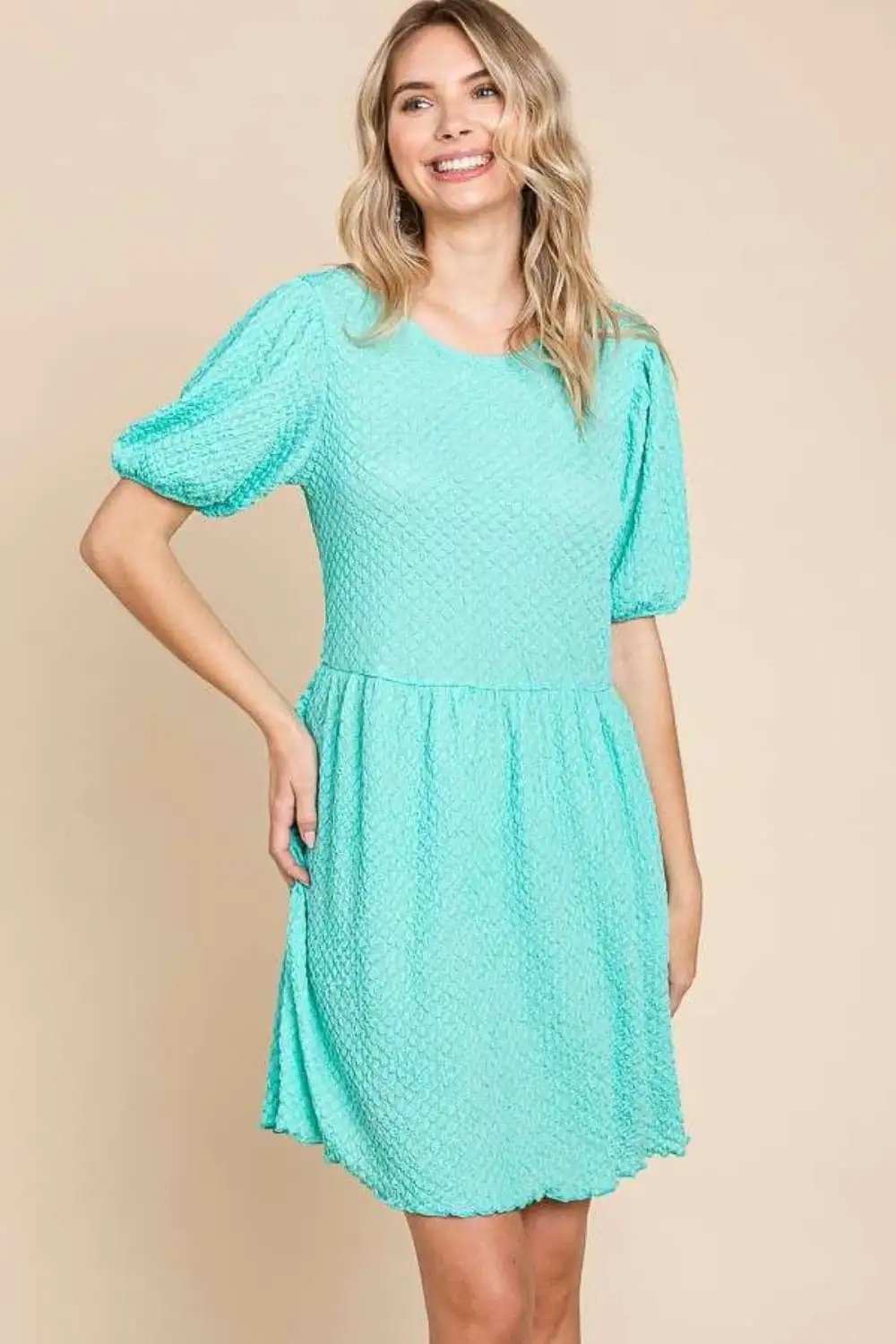 Culture Code Full Size Textured Round Neck Puff Sleeve Dress - Trendsi - Flyclothing LLC