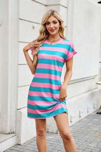 Tied Contrast Striped Short Sleeve Mini Tee Dress - Trendsi - Flyclothing LLC