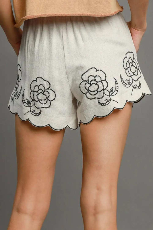 Umgee Full Size Linen Blend Shorts with Floral Embroidered Details Plus Size - Trendsi - Flyclothing LLC