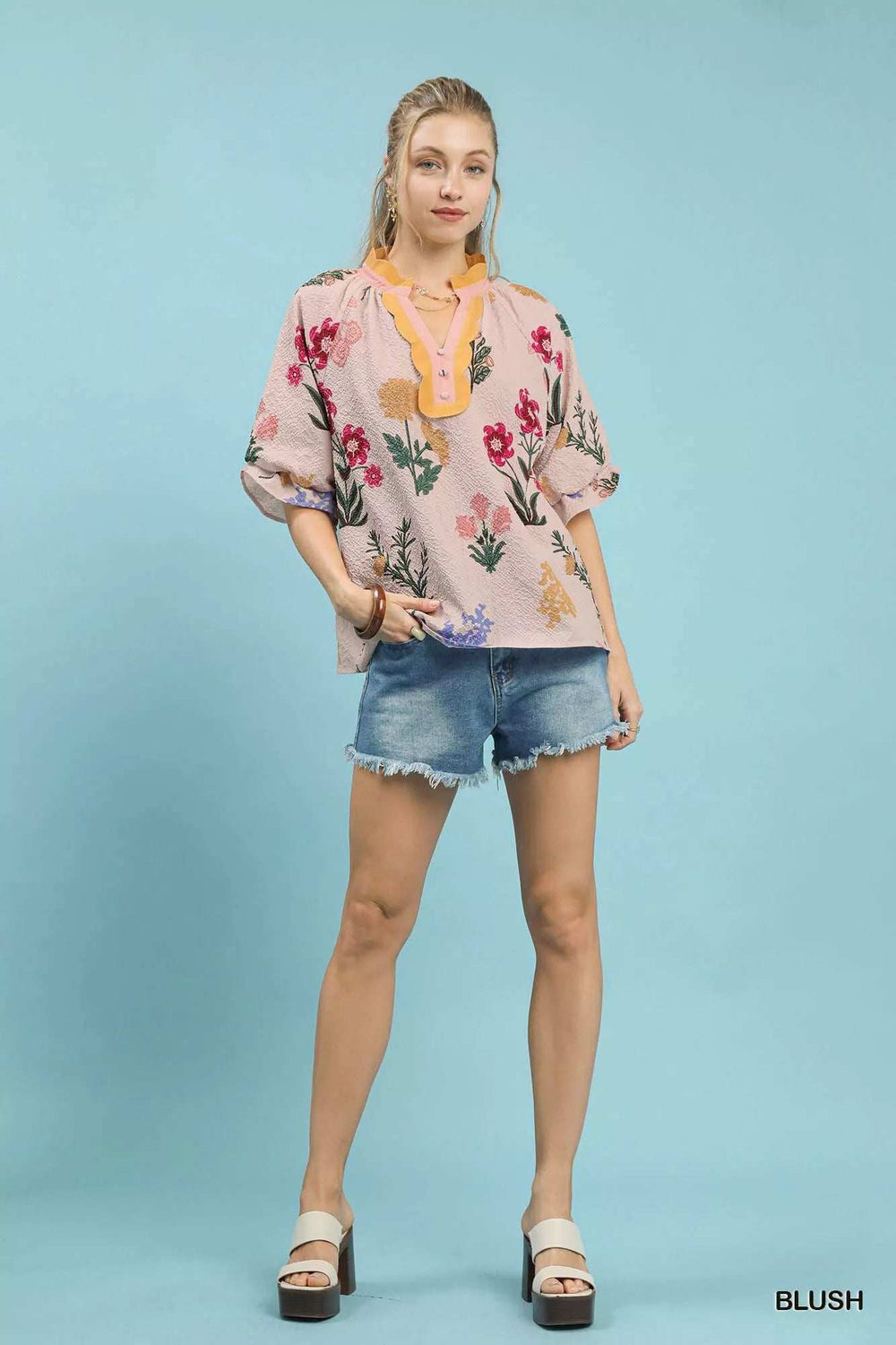Umgee Floral Puff Sleeve Blouse with Scallop Trim Collar - Trendsi - Flyclothing LLC