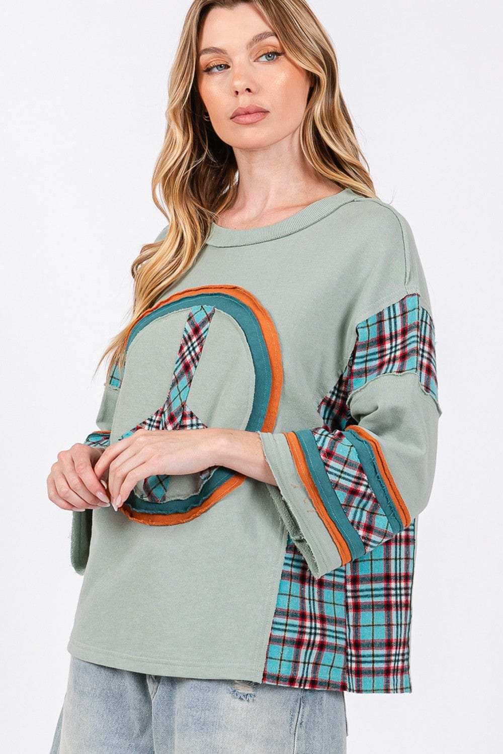 SAGE + FIG Peace Applique Patch Contrast Plaid Top - Trendsi - Flyclothing LLC