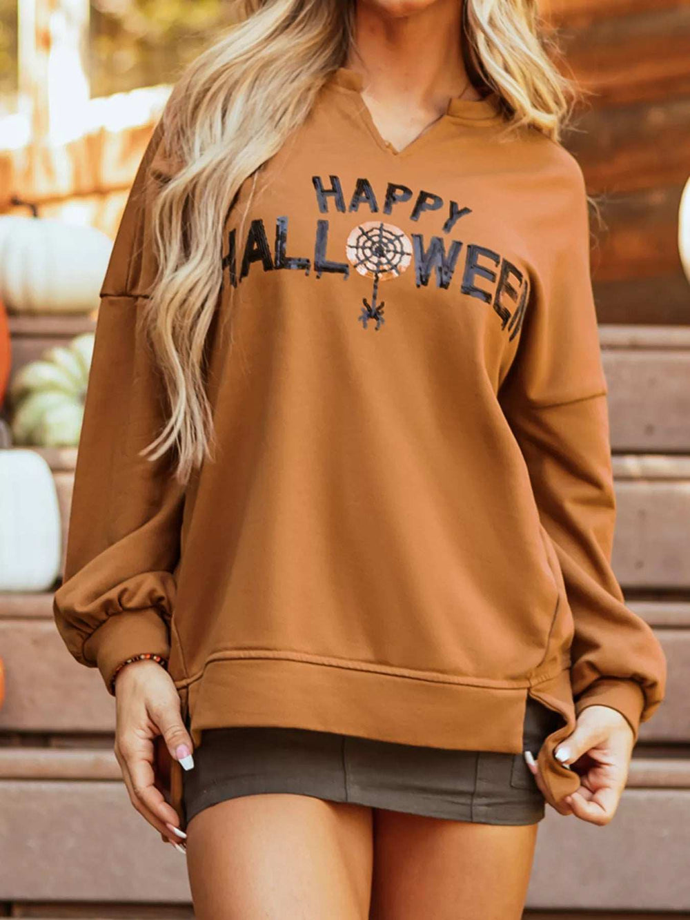 Happy Halloween Graphic Notched Long Sleeve Loose Top - Trendsi - Flyclothing LLC