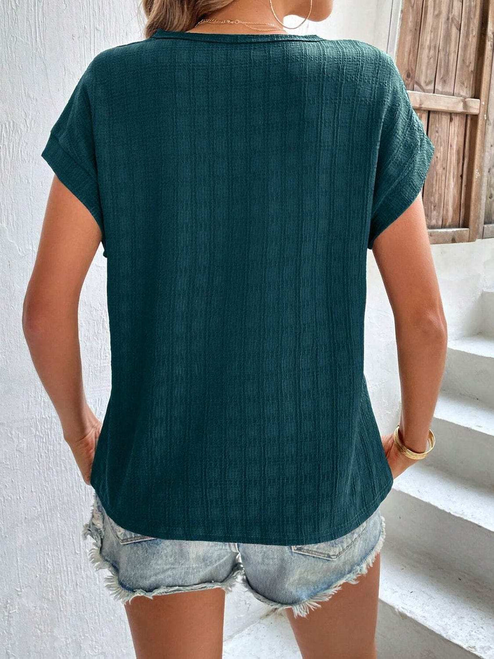 Textured Round Neck Short Sleeve Top - Trendsi - Flyclothing LLC