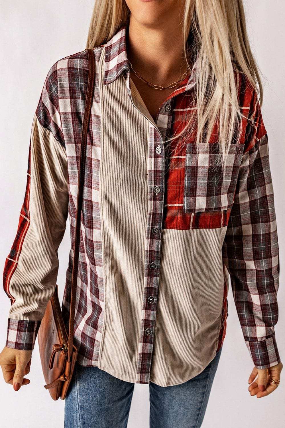 Plaid Patchwork Collared Neck Shacket - Trendsi - Flyclothing LLC