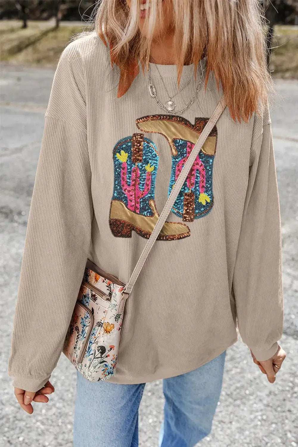 Full Size Sequin Boots Round Neck Long Sleeve Sweatshirt - Trendsi - Flyclothing LLC