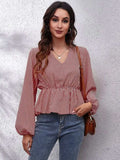 Ruched Printed V-Neck Long Sleeve Blouse - Trendsi - Flyclothing LLC