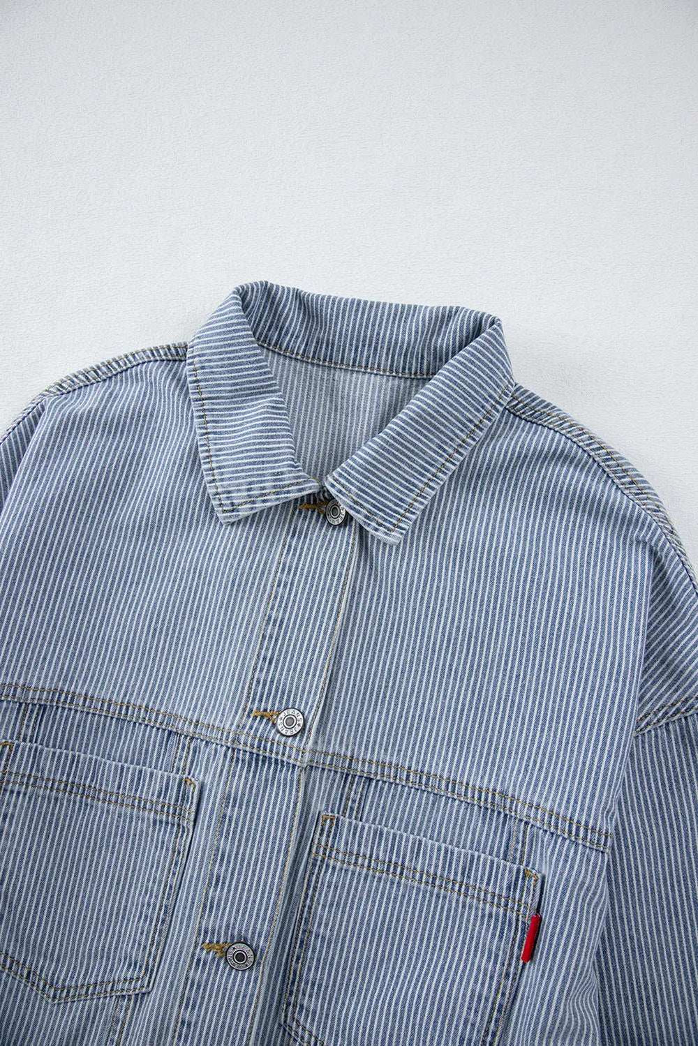 Striped Button Up Long Sleeve Denim Jacket - Trendsi - Flyclothing LLC