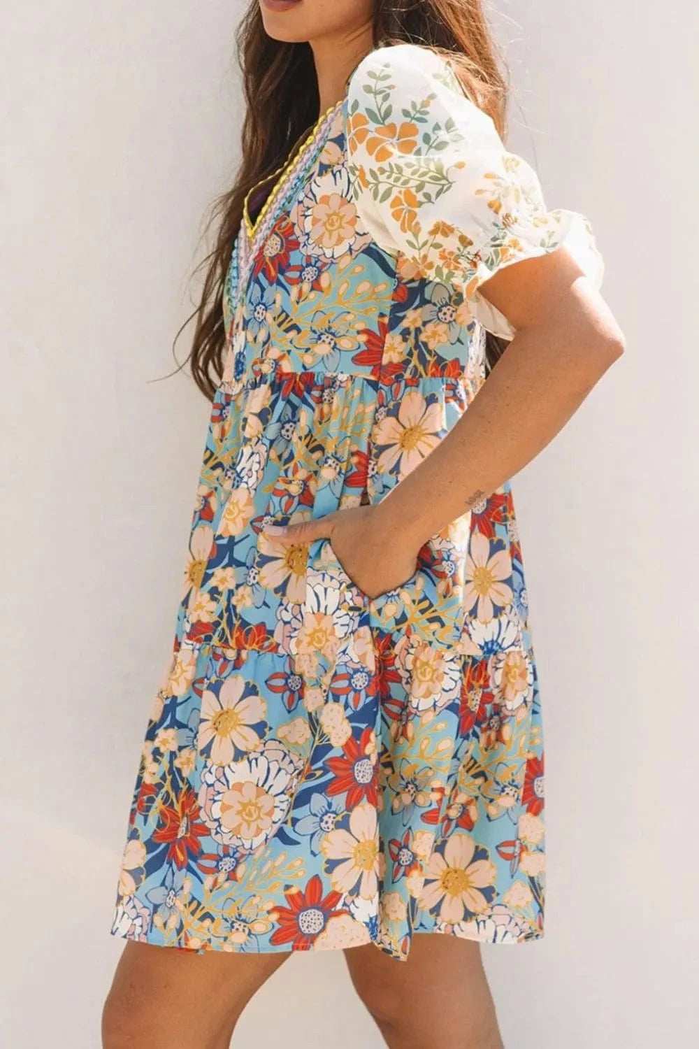 Printed Notched Flounce Sleeve Mini Dress - Trendsi - Flyclothing LLC