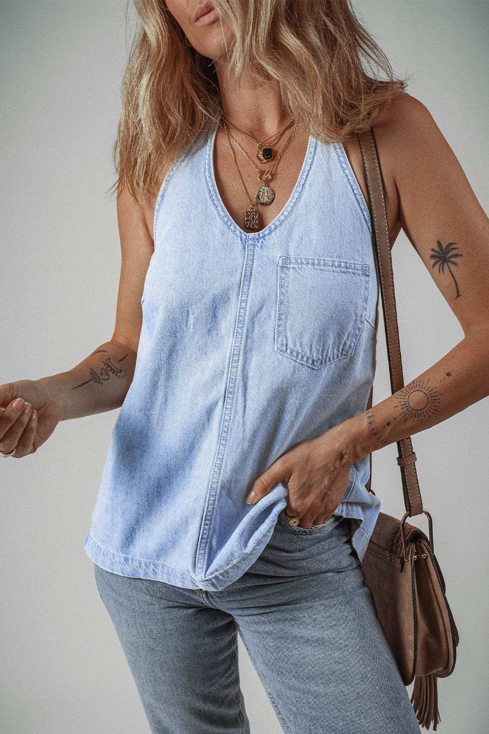 Backless Halter Neck Denim Top - Trendsi - Flyclothing LLC