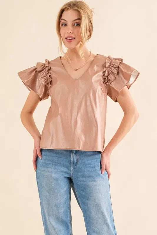 And The Why Faux Leather Ruffle Sleeves V Neck Top - Trendsi - Flyclothing LLC