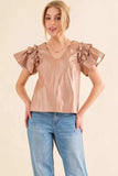 And The Why Faux Leather Ruffle Sleeves V Neck Top - Trendsi - Flyclothing LLC