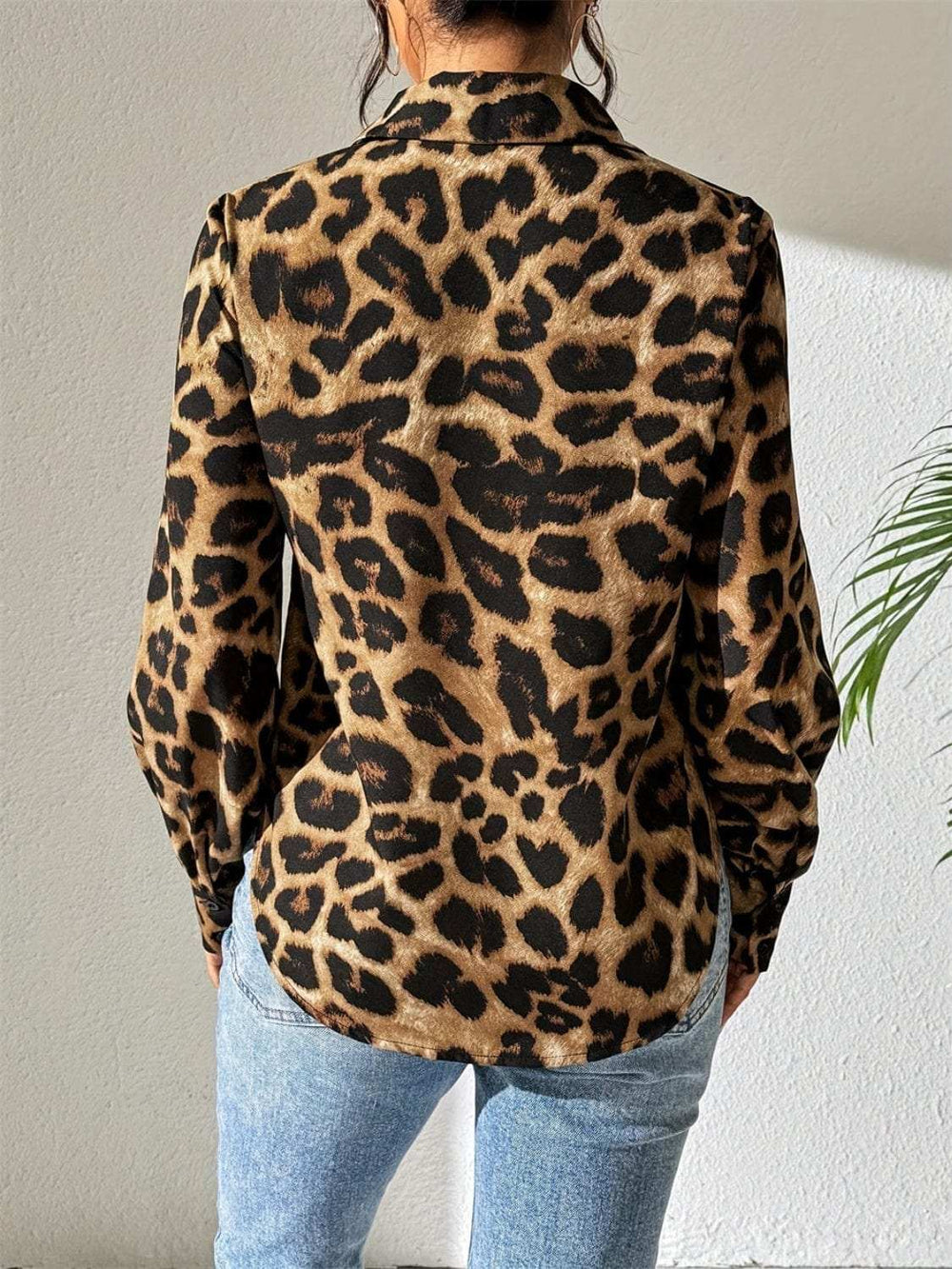 Leopard Collared Neck Long Sleeve Shirt - Trendsi - Flyclothing LLC