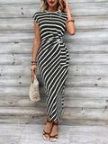 Striped Round Neck Cap Sleeve Midi Dress - Trendsi - Flyclothing LLC