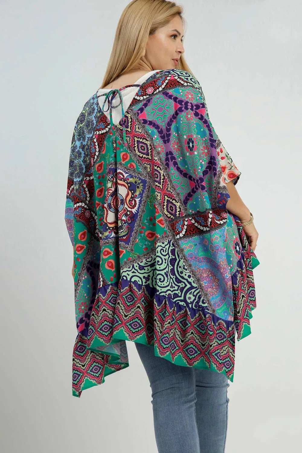 Umgee Full Size Mixed Print Ruffle Hem Open Front Cover Up Plus Size - Trendsi - Flyclothing LLC