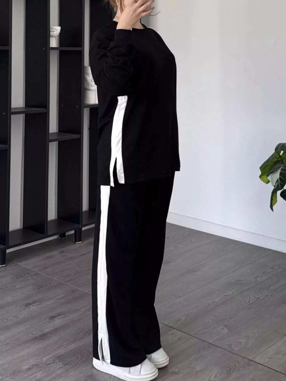 Full Size Contrast Round Neck Top and Pants Set Plus Size - Trendsi - Flyclothing LLC