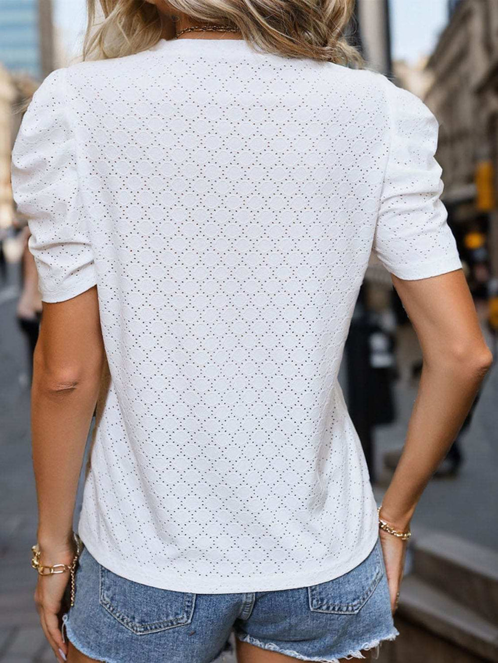 Eyelet Round Neck Short Sleeve T-Shirt - Trendsi - Flyclothing LLC