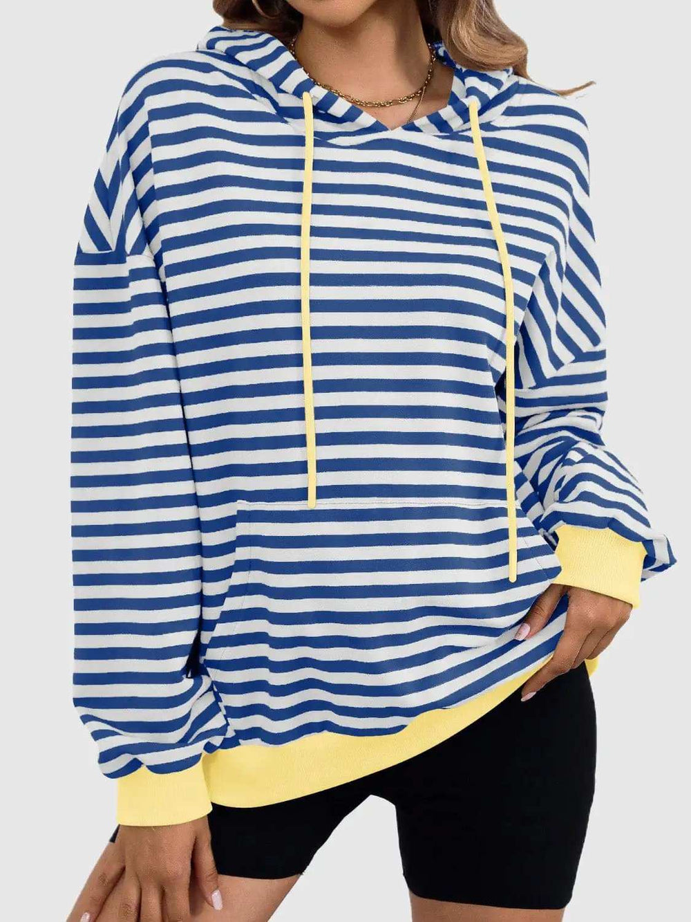 Drawstring Striped Long Sleeve Hoodie - Trendsi - Flyclothing LLC