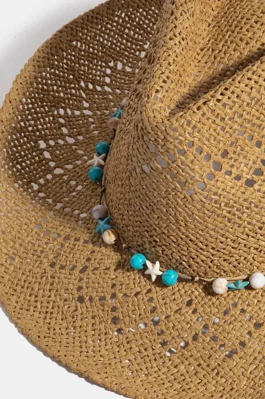 Fame Turquoise and Shell Star Beads Strap Western Straw Hat - Trendsi - Flyclothing LLC