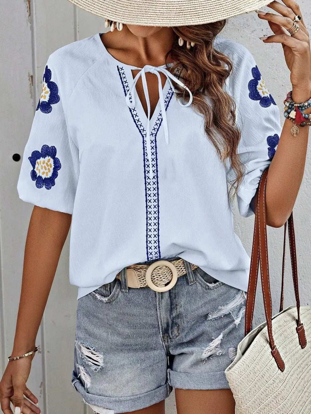 Embroidered Tie Neck Puff Sleeve Blouse - Trendsi - Flyclothing LLC