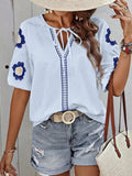 Embroidered Tie Neck Puff Sleeve Blouse - Trendsi - Flyclothing LLC