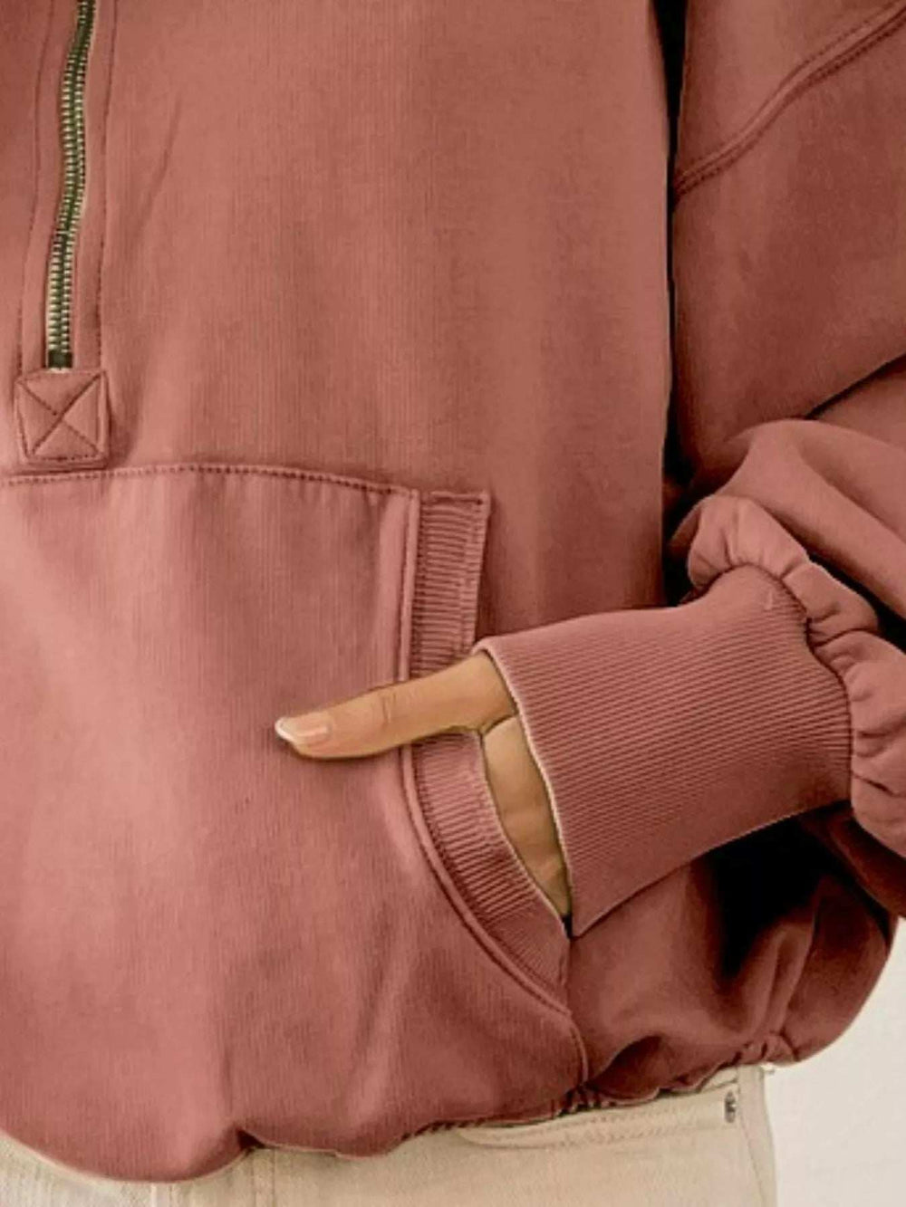 BiBi Stitch Detailed Elastic Hem Half Zip Fleece Hoodie - Trendsi - Flyclothing LLC