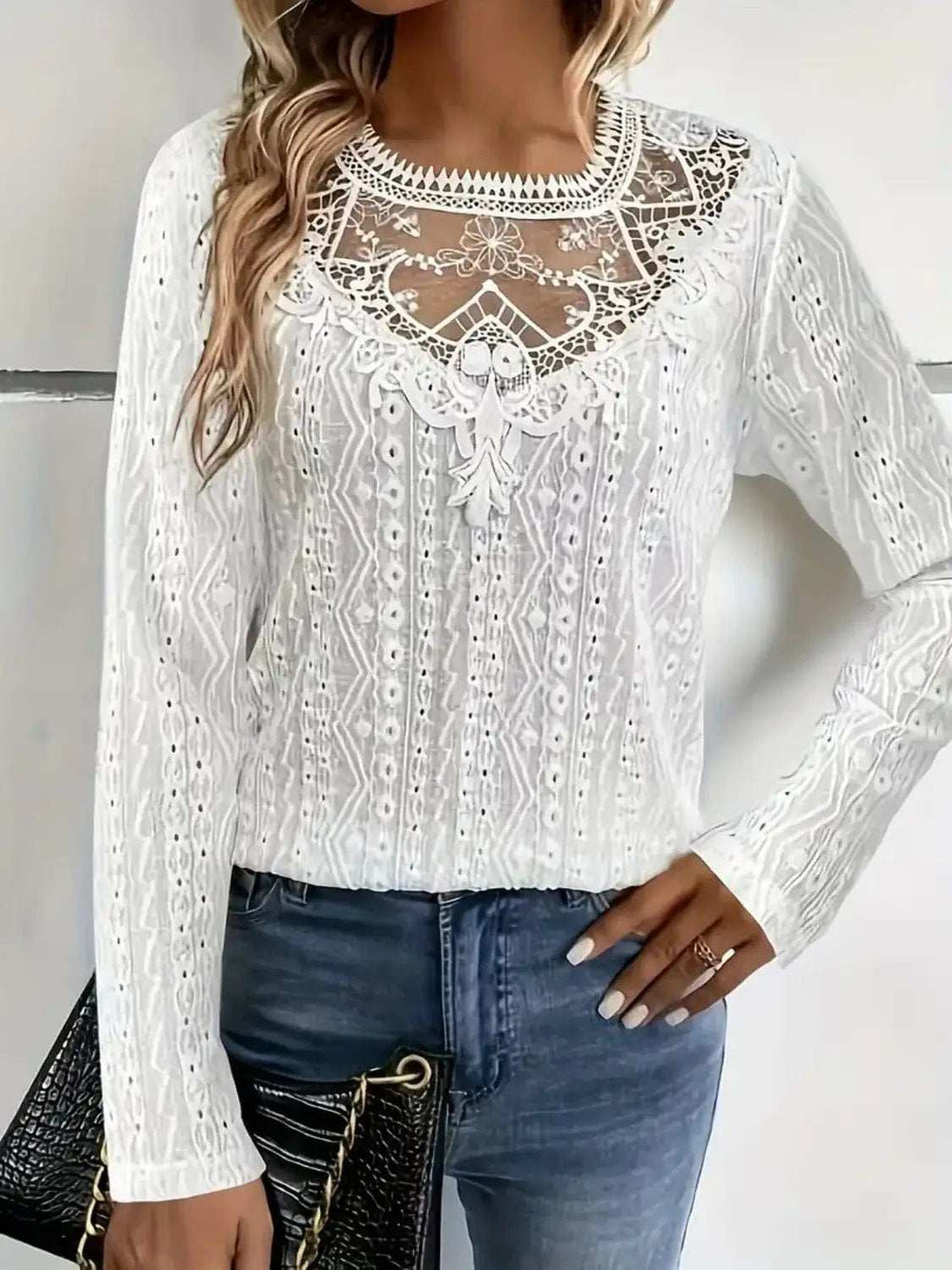 Lace Eyelet Long Sleeve Top - Trendsi - Flyclothing LLC
