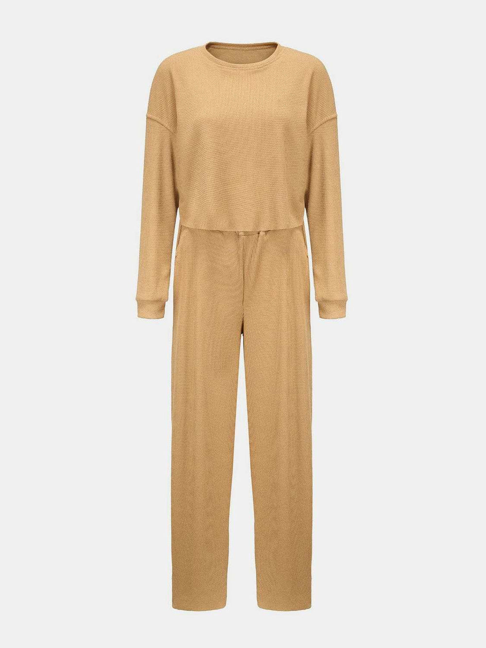 Waffle-Knit Round Neck Top and Pants Set - Trendsi - Flyclothing LLC