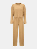 Waffle-Knit Round Neck Top and Pants Set - Trendsi - Flyclothing LLC