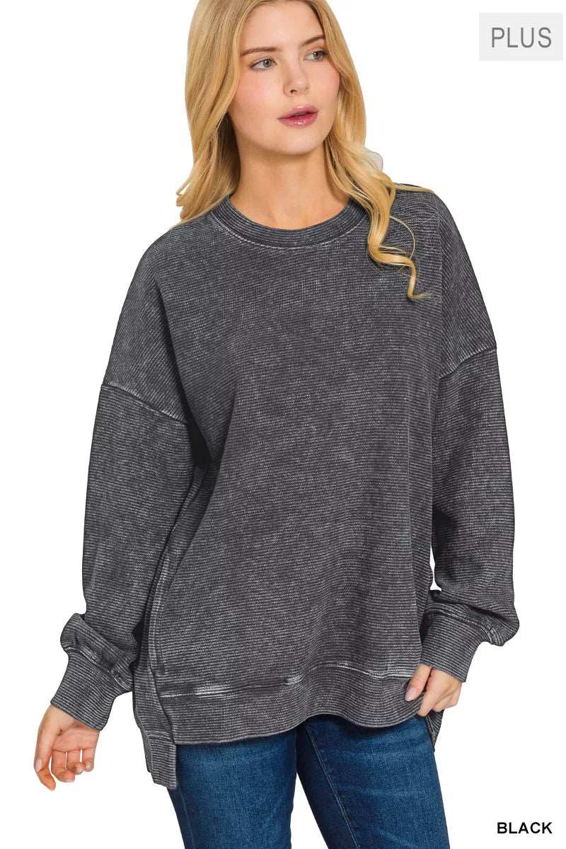 Zenana Full Size Acid Washed Double Ribbed Hi-low Sweatshirt Plus Size - Trendsi - Flyclothing LLC