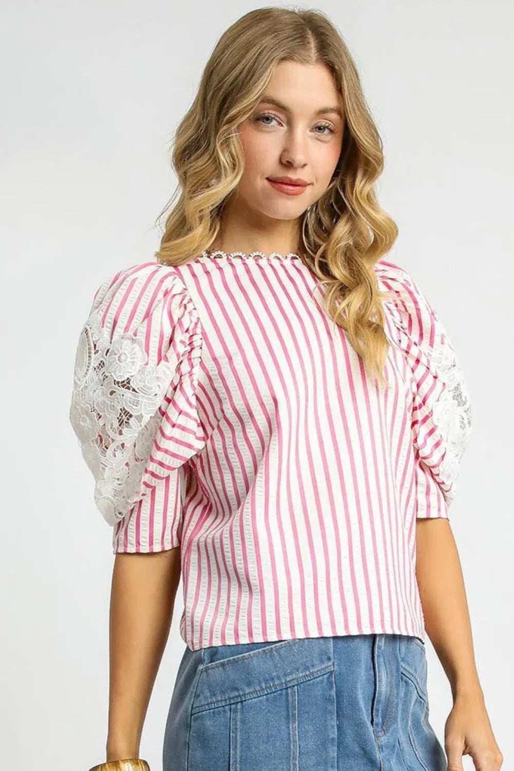 Umgee Striped Lace Puff Sleeve Blouse - Trendsi - Flyclothing LLC