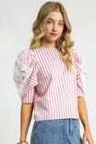 Umgee Striped Lace Puff Sleeve Blouse - Trendsi - Flyclothing LLC